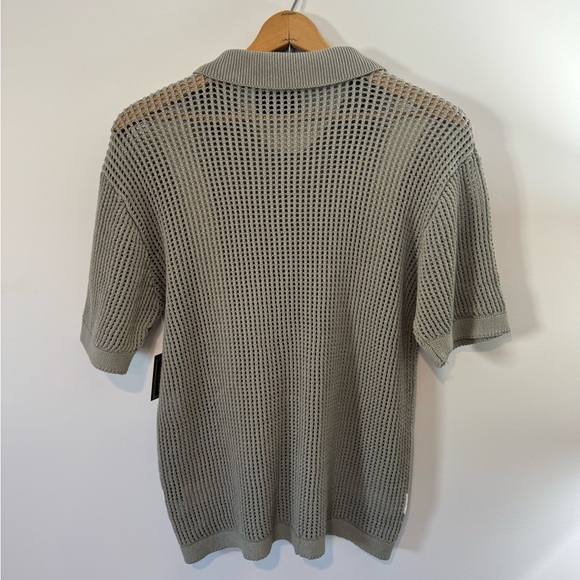 Sage Green Crochet-Style Knit Polo Shirt - Button Up Collared Short Sleeve - Picture 5 of 6